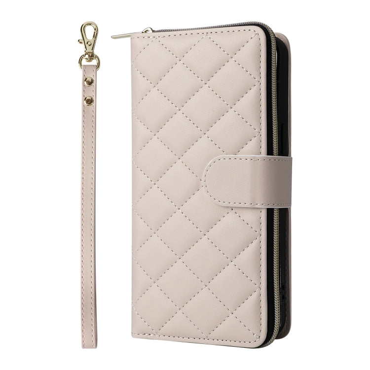 For iPhone 16 Pro Max Crossbody Rhombic Zipper Tower Buckle Leather Phone Case with Lanyard(Beige) - iPhone 16 Pro Max Cases by PMC Jewellery | Online Shopping South Africa | PMC Jewellery | Buy Now Pay Later Mobicred