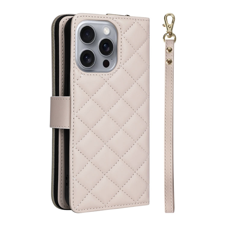 For iPhone 16 Pro Max Crossbody Rhombic Zipper Tower Buckle Leather Phone Case with Lanyard(Beige) - iPhone 16 Pro Max Cases by PMC Jewellery | Online Shopping South Africa | PMC Jewellery | Buy Now Pay Later Mobicred