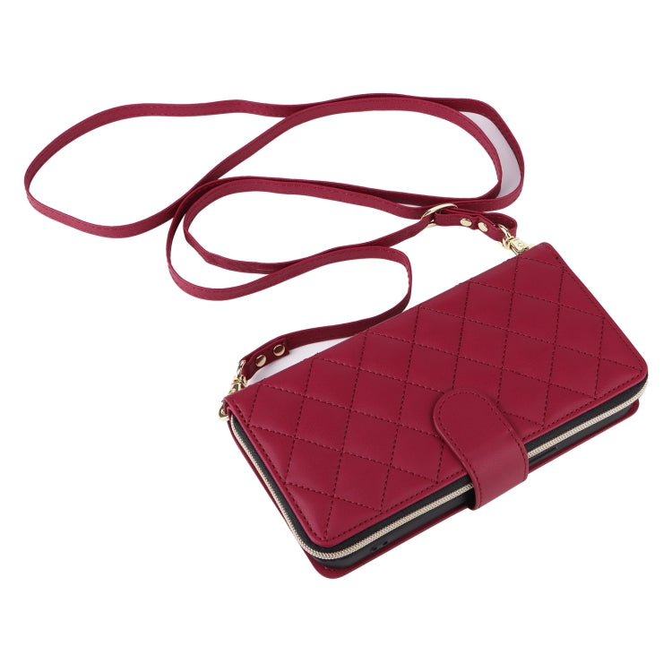 For iPhone 16 Pro Max Crossbody Rhombic Zipper Tower Buckle Leather Phone Case with Lanyard(Wine Red) - iPhone 16 Pro Max Cases by PMC Jewellery | Online Shopping South Africa | PMC Jewellery | Buy Now Pay Later Mobicred