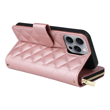 For iPhone 16 Pro Max Crossbody Rhombic Zipper Tower Buckle Leather Phone Case with Lanyard(Rose Gold) - iPhone 16 Pro Max Cases by PMC Jewellery | Online Shopping South Africa | PMC Jewellery | Buy Now Pay Later Mobicred