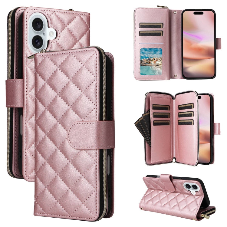 For iPhone 16 Plus Crossbody Rhombic Zipper Tower Buckle Leather Phone Case with Lanyard(Rose Gold) - iPhone 16 Plus Cases by PMC Jewellery | Online Shopping South Africa | PMC Jewellery | Buy Now Pay Later Mobicred