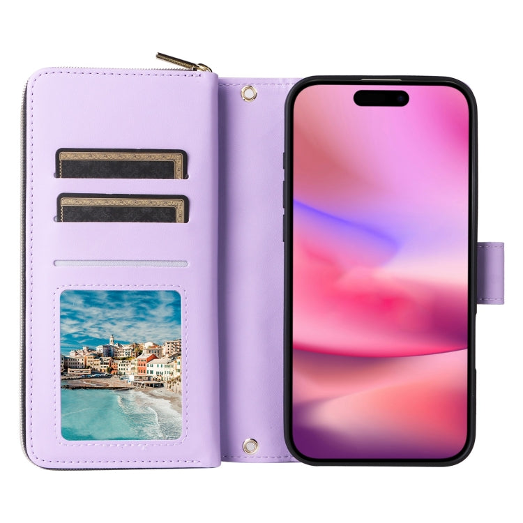 For iPhone 16 Crossbody Rhombic Zipper Tower Buckle Leather Phone Case with Lanyard(Purple) - iPhone 16 Cases by PMC Jewellery | Online Shopping South Africa | PMC Jewellery | Buy Now Pay Later Mobicred