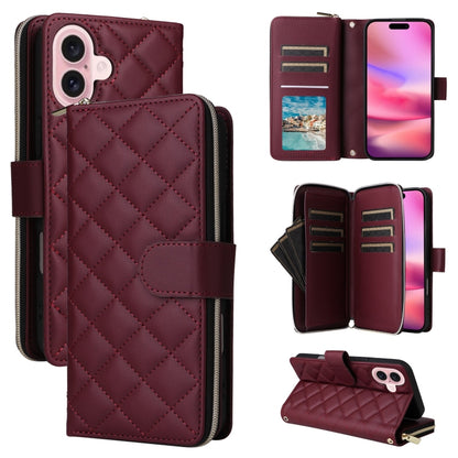 For iPhone 16 Crossbody Rhombic Zipper Tower Buckle Leather Phone Case with Lanyard(Wine Red) - iPhone 16 Cases by PMC Jewellery | Online Shopping South Africa | PMC Jewellery | Buy Now Pay Later Mobicred