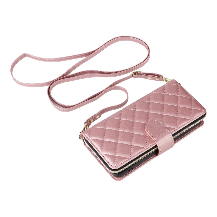 For Samsung Galaxy S25 5G Crossbody Rhombic Zipper Tower Buckle Leather Phone Case with Lanyard(Rose Gold) - Galaxy S25 5G Cases by PMC Jewellery | Online Shopping South Africa | PMC Jewellery | Buy Now Pay Later Mobicred