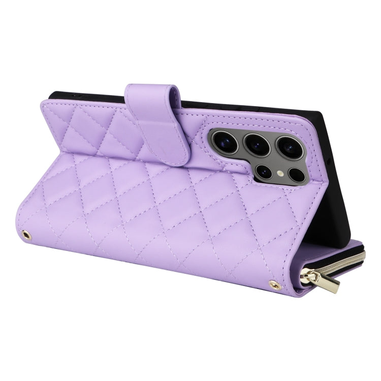 For Samsung Galaxy S25 Ultra 5G Crossbody Rhombic Zipper Tower Buckle Leather Phone Case with Lanyard(Purple) - Galaxy S25 Ultra 5G Cases by PMC Jewellery | Online Shopping South Africa | PMC Jewellery | Buy Now Pay Later Mobicred