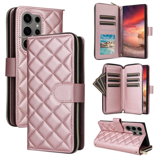 For Samsung Galaxy S25 Ultra 5G Crossbody Rhombic Zipper Tower Buckle Leather Phone Case with Lanyard(Rose Gold) - Galaxy S25 Ultra 5G Cases by PMC Jewellery | Online Shopping South Africa | PMC Jewellery | Buy Now Pay Later Mobicred