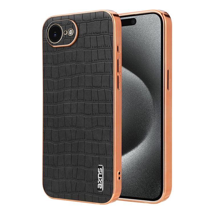 For iPhone 16e AZNS Electroplated Frame Crocodile Texture Full Coverage Phone Case(Black) - free shipping - PMc TechLife - Order now!