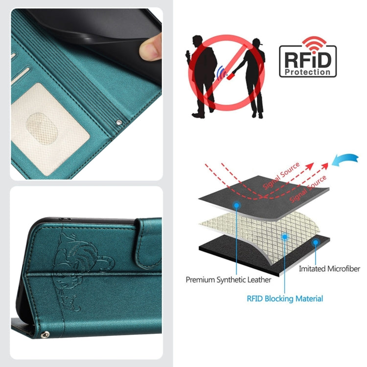 For Ulefone Note 14 Cat Rat Embossed Pattern RFID Leather Phone Case with Lanyard(Peacock Green) - Ulefone Cases by PMC Jewellery | Online Shopping South Africa | PMC Jewellery | Buy Now Pay Later Mobicred