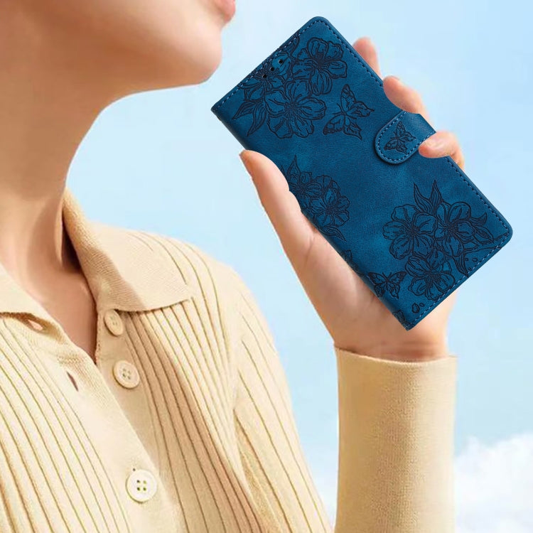 For iPhone 16 Pro Cherry Blossom Butterfly Skin Feel Embossed PU Phone Case(Blue) - iPhone 16 Pro Cases by PMC TechLife | Online Shopping South Africa | PMC TechLife | Buy Now Pay Later Mobicred