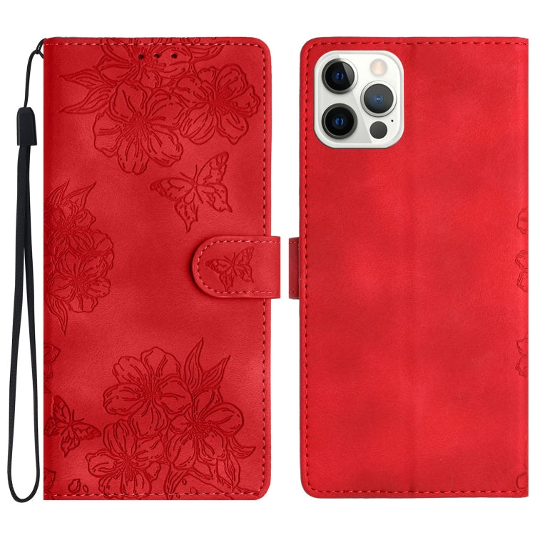 For iPhone 16 Pro Max Cherry Blossom Butterfly Skin Feel Embossed PU Phone Case(Red) - iPhone 16 Pro Max Cases by PMC Jewellery | Online Shopping South Africa | PMC Jewellery | Buy Now Pay Later Mobicred