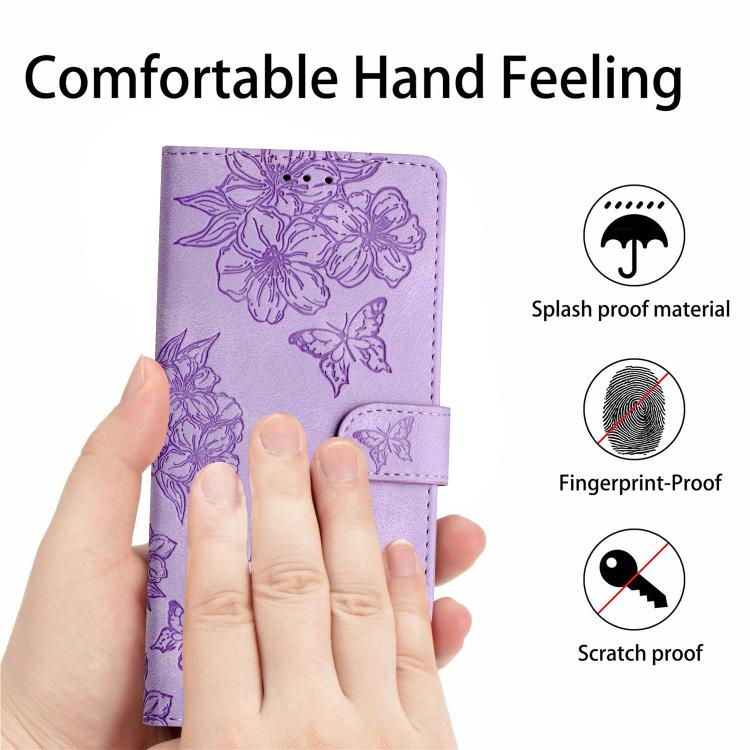For iPhone 16e Cherry Blossom Butterfly Skin Feel Embossed PU Phone Case(Purple) - iPhone 16e Cases by PMC TechLife | Online Shopping South Africa | PMC TechLife | Buy Now Pay Later Mobicred