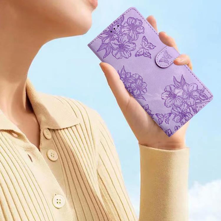 For iPhone 16e Cherry Blossom Butterfly Skin Feel Embossed PU Phone Case(Purple) - iPhone 16e Cases by PMC TechLife | Online Shopping South Africa | PMC TechLife | Buy Now Pay Later Mobicred