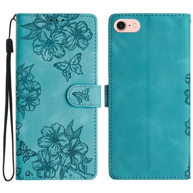 For iPhone 16e Cherry Blossom Butterfly Skin Feel Embossed PU Phone Case(Green) - iPhone 16e Cases by PMC TechLife | Online Shopping South Africa | PMC TechLife | Buy Now Pay Later Mobicred