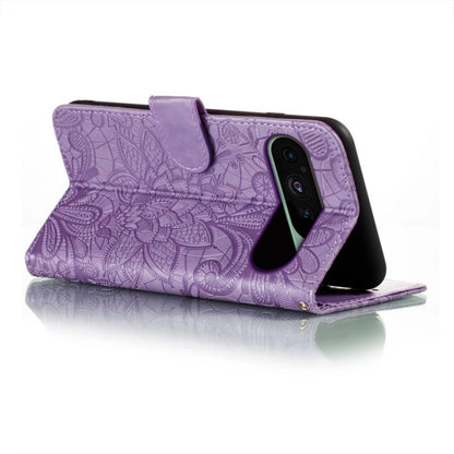 For Google Pixel 9 Lace Flower Embossing Flip Leather Phone Case(Purple) - Google Cases by PMC Jewellery | Online Shopping South Africa | PMC Jewellery | Buy Now Pay Later Mobicred