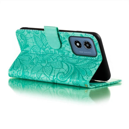 For Motorola Moto G Play 2024 Lace Flower Embossing Flip Leather Phone Case(Green) - Motorola Cases by PMC Jewellery | Online Shopping South Africa | PMC Jewellery | Buy Now Pay Later Mobicred