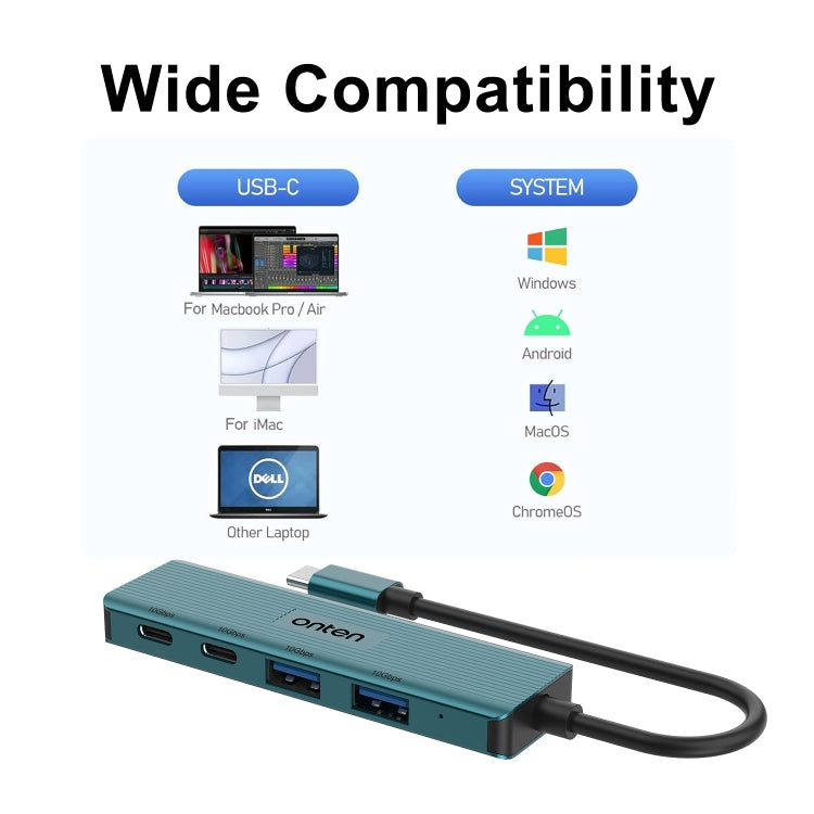 Onten UC622 10Gbps USB-C / Type-C to 2 x USB + 2 x USB-C / Type-C 4 in 1 HUB Docking Station, Length:1.5m(Green) - USB HUB by Onten | Online Shopping South Africa | PMC Jewellery | Buy Now Pay Later Mobicred