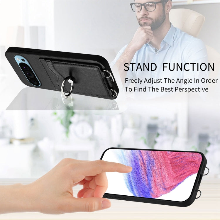 For Google Pixel 9 / 9 Pro R20 Crossbody Rope Ring Card Holder Phone Case(Black) - Google Cases by PMC TechLife | Online Shopping South Africa | PMC TechLife | Buy Now Pay Later Mobicred