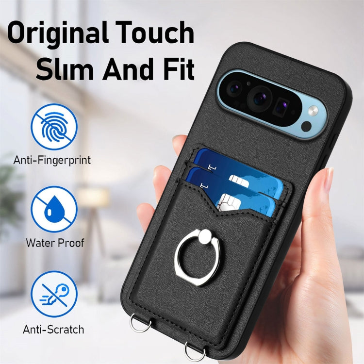 For Google Pixel 9 / 9 Pro R20 Crossbody Rope Ring Card Holder Phone Case(Black) - Google Cases by PMC TechLife | Online Shopping South Africa | PMC TechLife | Buy Now Pay Later Mobicred