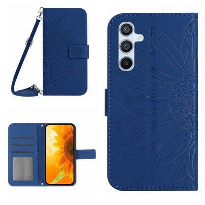 For Samsung Galaxy S25+ 5G Skin Feel Sun Flower Embossed Flip Leather Phone Case with Lanyard(Dark Blue) - Galaxy S25+ 5G Cases by PMC Jewellery | Online Shopping South Africa | PMC Jewellery | Buy Now Pay Later Mobicred