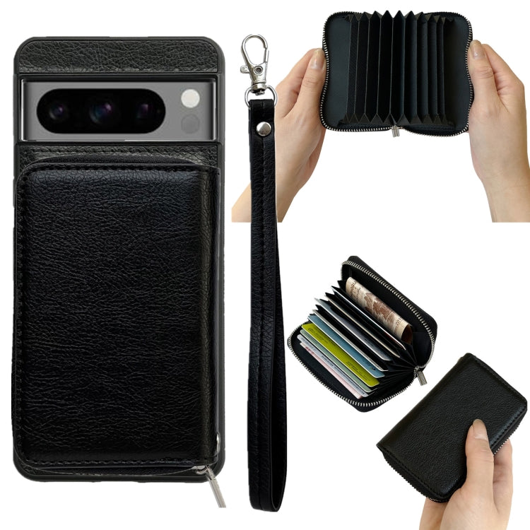 For Google Pixel 8 Pro Solid Color Zipper 11-Card Slots Bag Phone Case with Lanyard(Black) - Google Cases by PMC TechLife | Online Shopping South Africa | PMC TechLife | Buy Now Pay Later Mobicred