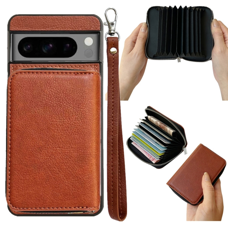 For Google Pixel 8 Solid Color Zipper 11-Card Slots Bag Phone Case with Lanyard(Brown) - Google Cases by PMC TechLife | Online Shopping South Africa | PMC TechLife | Buy Now Pay Later Mobicred