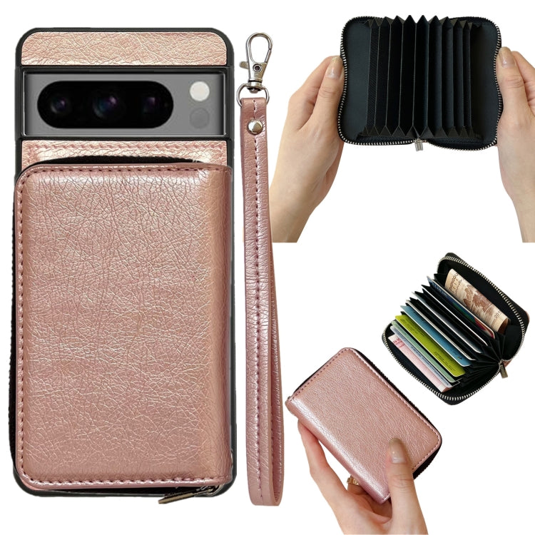 For Google Pixel 7a Solid Color Zipper 11-Card Slots Bag Phone Case with Lanyard(Rose Gold) - Google Cases by PMC TechLife | Online Shopping South Africa | PMC TechLife | Buy Now Pay Later Mobicred