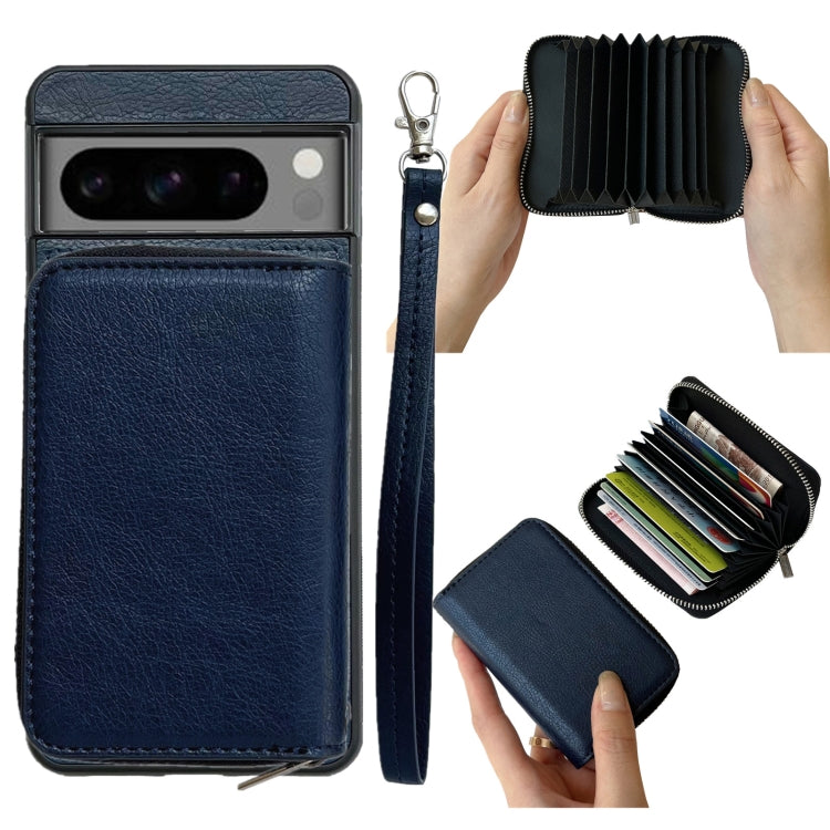 For Google Pixel 7 Pro Solid Color Zipper 11-Card Slots Bag Phone Case with Lanyard(Blue) - Google Cases by PMC TechLife | Online Shopping South Africa | PMC TechLife | Buy Now Pay Later Mobicred