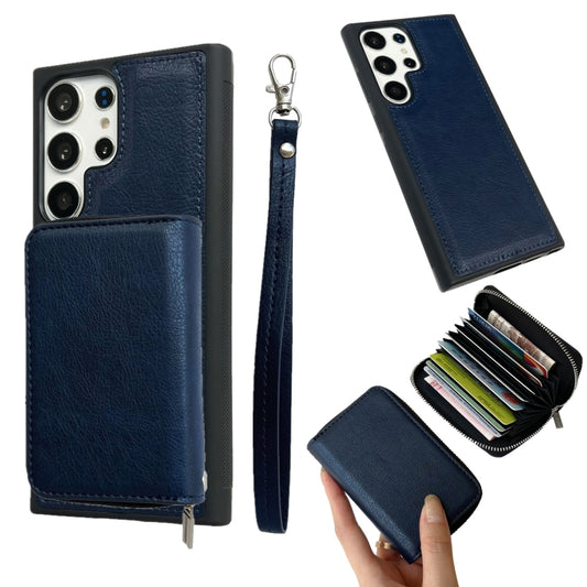 For Samsung Galaxy S24 Ultra 5G Solid Color Zipper 11-Card Slots Bag Phone Case with Lanyard(Blue) - Galaxy S24 Ultra 5G Cases by PMC Jewellery | Online Shopping South Africa | PMC Jewellery | Buy Now Pay Later Mobicred