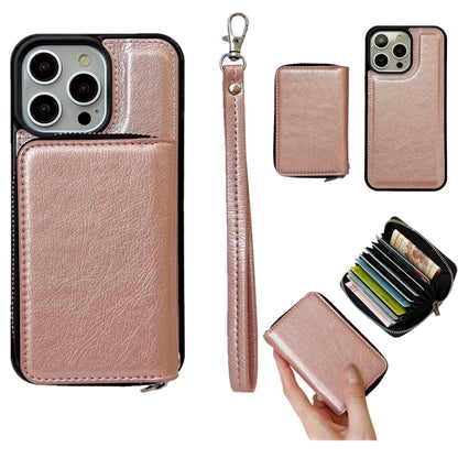 For iPhone 16 Pro Solid Color Zipper 11-Card Slots Bag Phone Case with Lanyard(Rose Gold) - iPhone 16 Pro Cases by PMC Jewellery | Online Shopping South Africa | PMC Jewellery | Buy Now Pay Later Mobicred