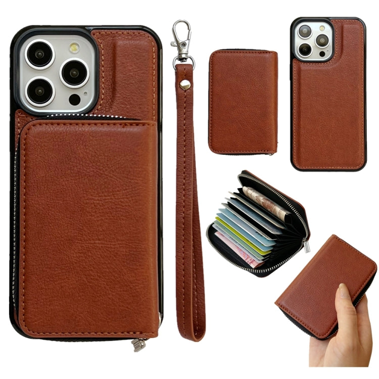 For iPhone 16 Pro Solid Color Zipper 11-Card Slots Bag Phone Case with Lanyard(Brown) - iPhone 16 Pro Cases by PMC Jewellery | Online Shopping South Africa | PMC Jewellery | Buy Now Pay Later Mobicred