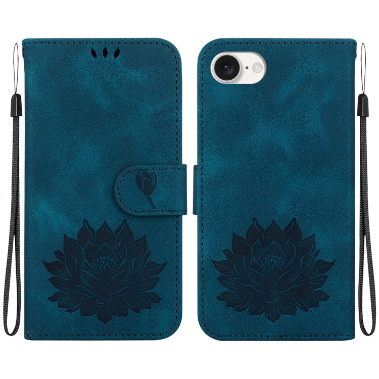 For iPhone 16e Lotus Embossed Leather Phone Case(Dark Blue) - iPhone 16e Cases by PMC TechLife | Online Shopping South Africa | PMC TechLife | Buy Now Pay Later Mobicred