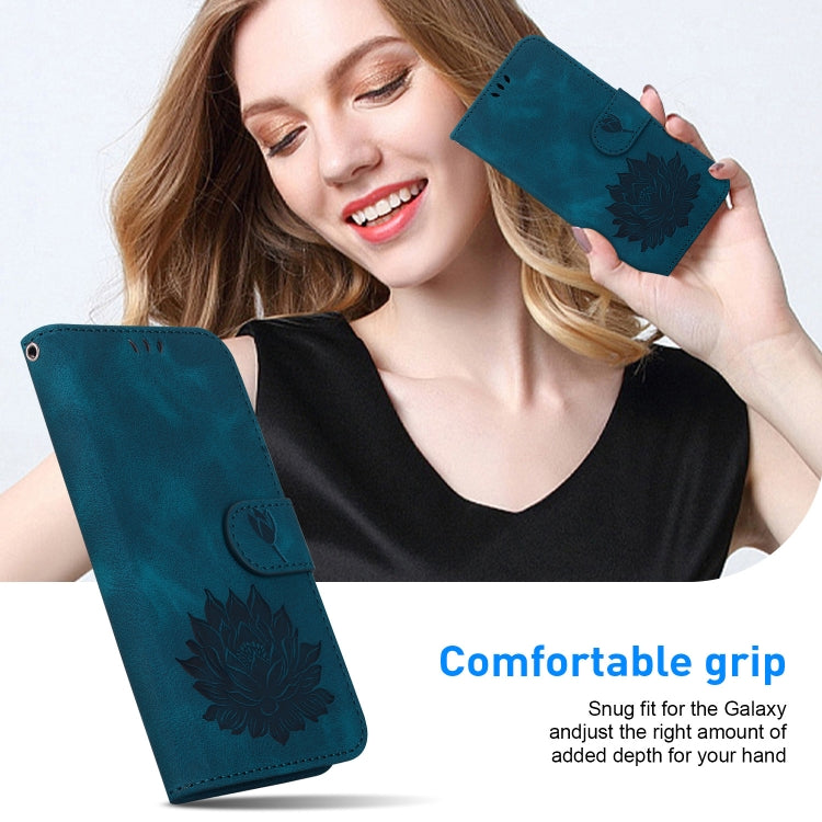 For iPhone 16e Lotus Embossed Leather Phone Case(Dark Blue) - iPhone 16e Cases by PMC TechLife | Online Shopping South Africa | PMC TechLife | Buy Now Pay Later Mobicred