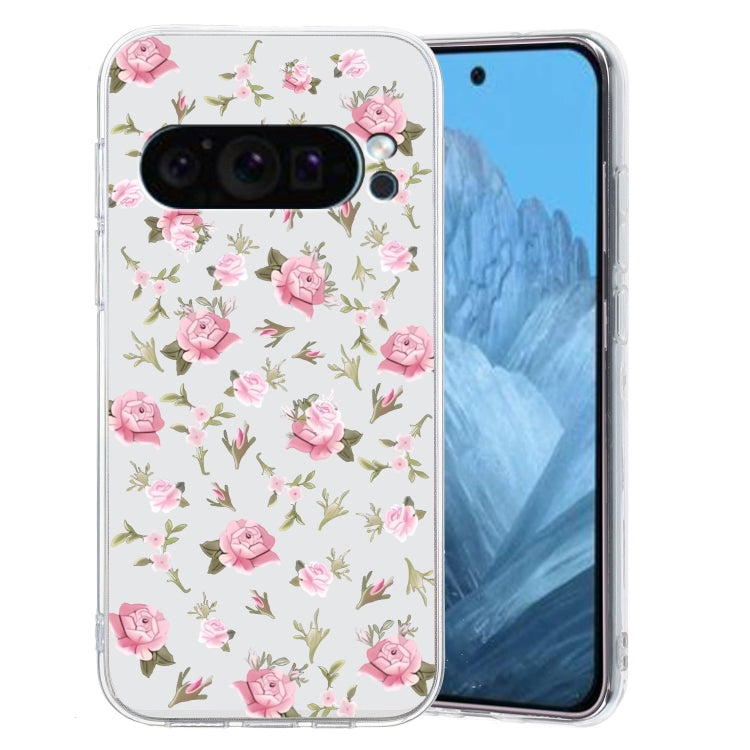 For Google Pixel 9 Pro Colored Drawing Pattern Transparent TPU Phone Case(Pink Floral) - Google Cases by PMC Jewellery | Online Shopping South Africa | PMC Jewellery | Buy Now Pay Later Mobicred