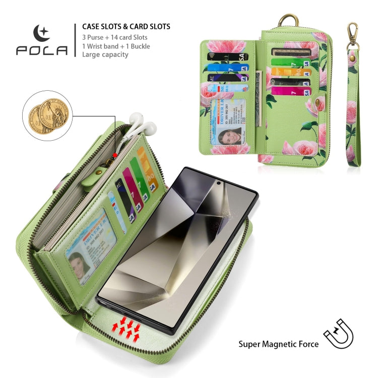 For Samsung Galaxy S24 5G POLA Flower Multi-functional Zipper Wallet Leather Phone Case(Green) - free shipping - PMC Jewellery - Order now!