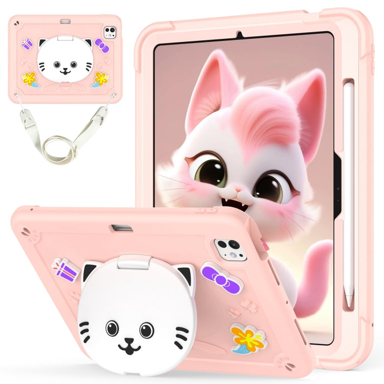 For iPad Pro 11 2024 Cat Holder Silicone Hybrid PC Tablet Case with Strap(Rose Pink) - iPad Pro 11 2024 Cases by PMC Jewellery | Online Shopping South Africa | PMC Jewellery | Buy Now Pay Later Mobicred
