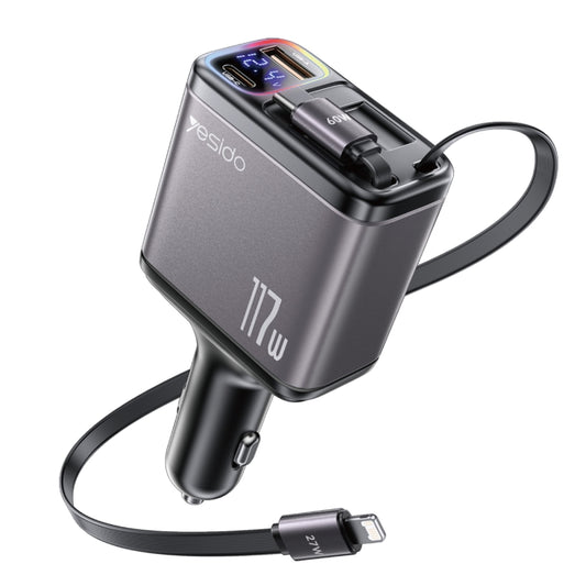 Yesido Y63 4 in 1 117W USB-C / Type-C+USB Multifunctional Retractable Dual Line Digital Display Car Fast Charger(Black) - Car Charger by Yesido | Online Shopping South Africa | PMC Jewellery | Buy Now Pay Later Mobicred