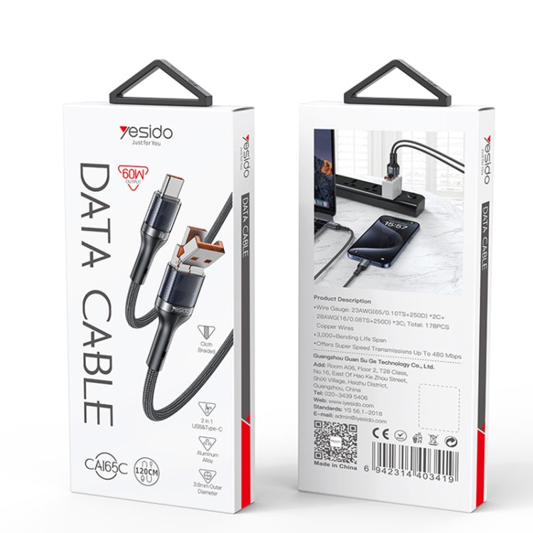 Yesido CA165C 60W USB + USB-C / Type-C to USB-C / Type-C 2 in 1 Fast Charging Data Cable, Length:1.2m(Black) - 2 in 1 Cable by Yesido | Online Shopping South Africa | PMC Jewellery | Buy Now Pay Later Mobicred