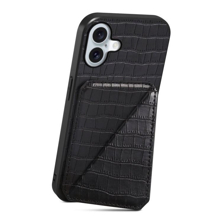 For iPhone 16 Imitation Crocodile Leather Back Phone Case with Holder(Black) - iPhone 16 Cases by PMC TechLife | Online Shopping South Africa | PMC TechLife | Buy Now Pay Later Mobicred