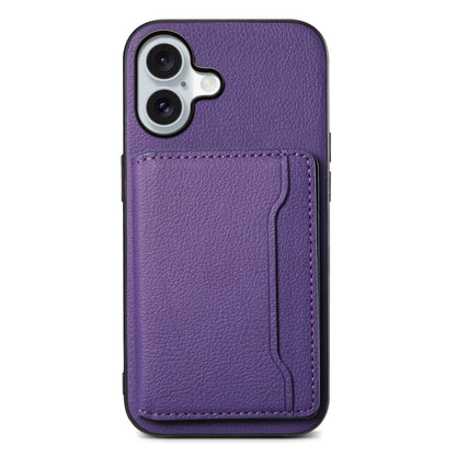 For iPhone 16 Calf Texture Card Bag Design Full Coverage Phone Case(Purple) - iPhone 16 Cases by PMC Jewellery | Online Shopping South Africa | PMC Jewellery | Buy Now Pay Later Mobicred