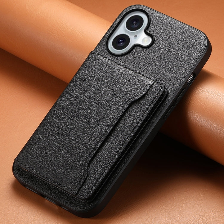For iPhone 16 Plus Calf Texture Card Bag Design Full Coverage Phone Case(Black) - iPhone 16 Plus Cases by PMC TechLife | Online Shopping South Africa | PMC TechLife | Buy Now Pay Later Mobicred