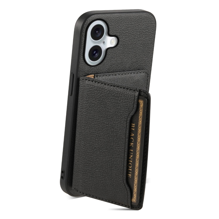 For iPhone 16 Plus Calf Texture Card Bag Design Full Coverage Phone Case(Black) - iPhone 16 Plus Cases by PMC Jewellery | Online Shopping South Africa | PMC Jewellery | Buy Now Pay Later Mobicred