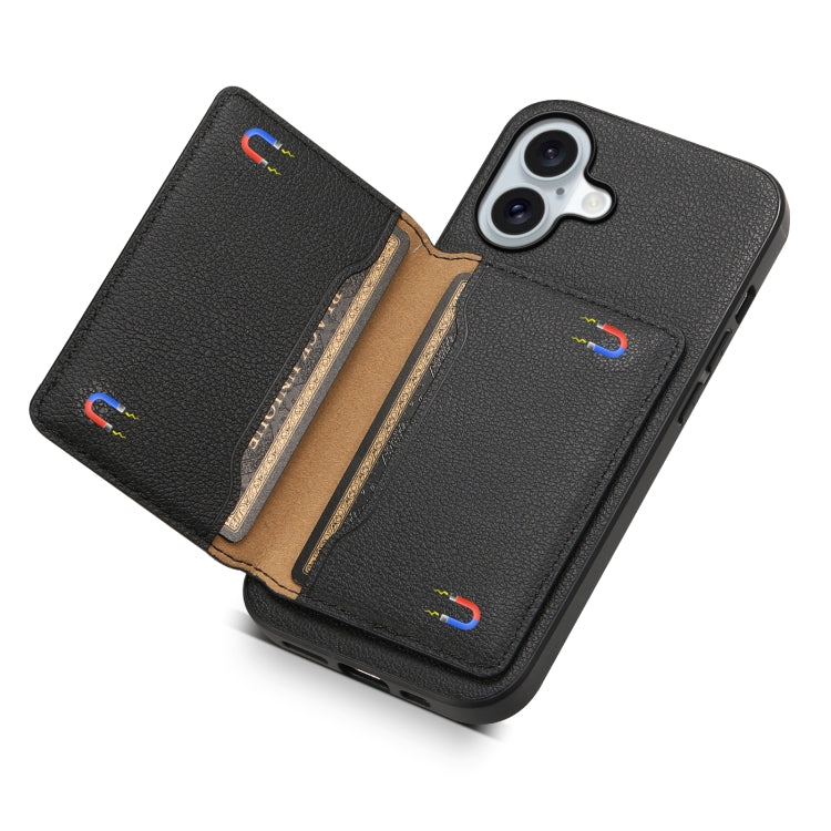 For iPhone 16 Plus Calf Texture Card Bag Design Full Coverage Phone Case(Black) - iPhone 16 Plus Cases by PMC TechLife | Online Shopping South Africa | PMC TechLife | Buy Now Pay Later Mobicred