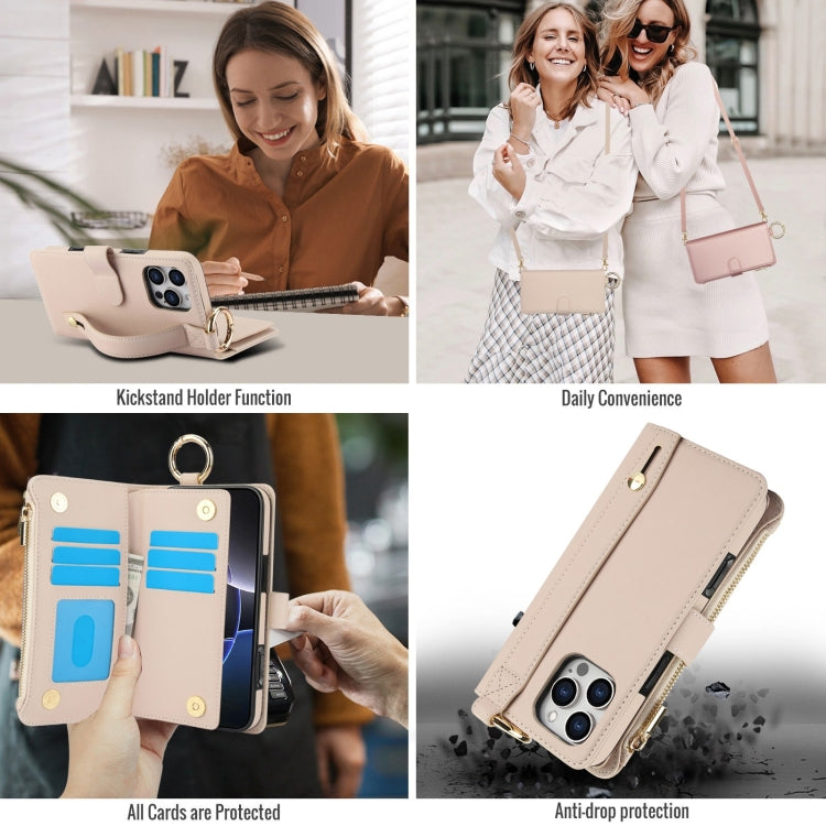 For iPhone 16 Pro Max Crossbody Ring Multifunctional Wallet Leather Phone Case(White) - iPhone 16 Pro Max Cases by PMC Jewellery | Online Shopping South Africa | PMC Jewellery | Buy Now Pay Later Mobicred