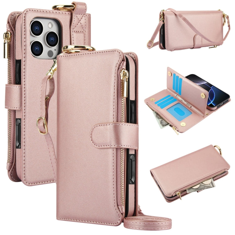 For iPhone 16 Pro Crossbody Ring Multifunctional Wallet Leather Phone Case(Rose Gold) - More iPhone Cases by PMC Jewellery | Online Shopping South Africa | PMC Jewellery | Buy Now Pay Later Mobicred