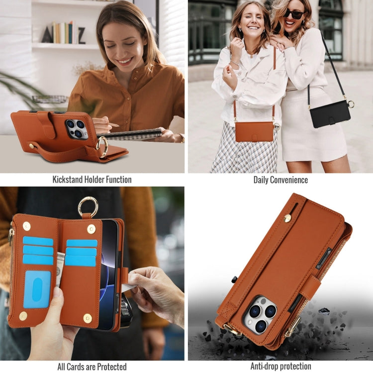 For iPhone 16 Pro Crossbody Ring Multifunctional Wallet Leather Phone Case(Brown) - More iPhone Cases by PMC Jewellery | Online Shopping South Africa | PMC Jewellery | Buy Now Pay Later Mobicred