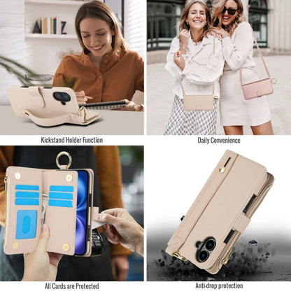 For iPhone 16 Plus Crossbody Ring Multifunctional Wallet Leather Phone Case(White) - iPhone 16 Plus Cases by PMC Jewellery | Online Shopping South Africa | PMC Jewellery | Buy Now Pay Later Mobicred