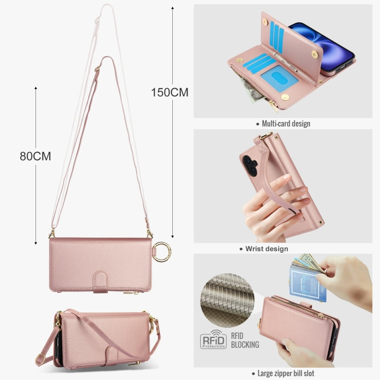 For iPhone 16 Crossbody Ring Multifunctional Wallet Leather Phone Case(Rose Gold) - iPhone 16 Cases by PMC Jewellery | Online Shopping South Africa | PMC Jewellery | Buy Now Pay Later Mobicred