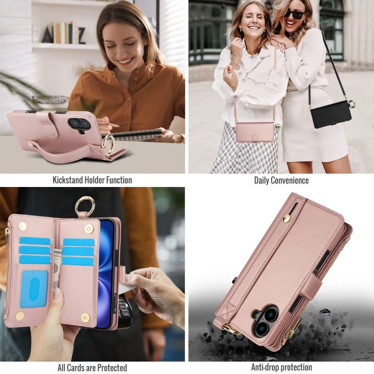 For iPhone 16 Crossbody Ring Multifunctional Wallet Leather Phone Case(Rose Gold) - iPhone 16 Cases by PMC Jewellery | Online Shopping South Africa | PMC Jewellery | Buy Now Pay Later Mobicred