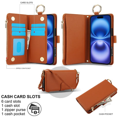 For iPhone 16 Crossbody Ring Multifunctional Wallet Leather Phone Case(Brown) - iPhone 16 Cases by PMC Jewellery | Online Shopping South Africa | PMC Jewellery | Buy Now Pay Later Mobicred