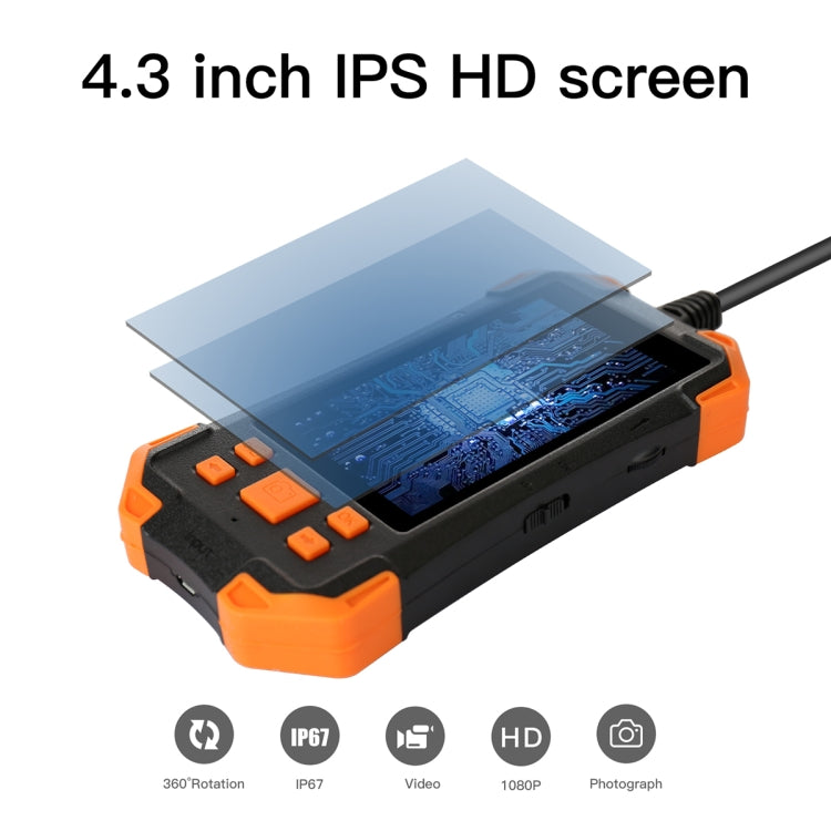 T20 4.3 inch IPS Screen 7.9mm Triple Camera IP67 Waterproof Hard Cable Digital Endoscope, Length:1m(Black Orange) -  by PMC Jewellery | Online Shopping South Africa | PMC Jewellery | Buy Now Pay Later Mobicred